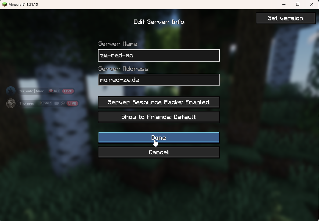 Screenshot von Servereinstellungen